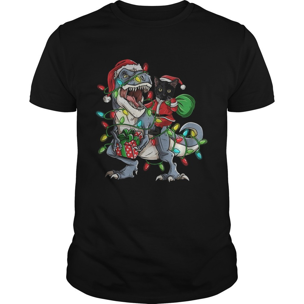 Black Cat Riding Trex Merry Christmas Shirt